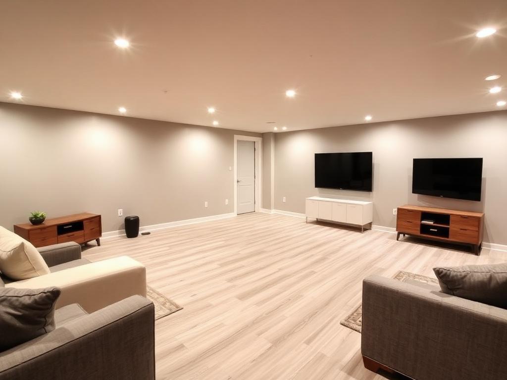 Finished basement living area with recessed lighting and plank flooring