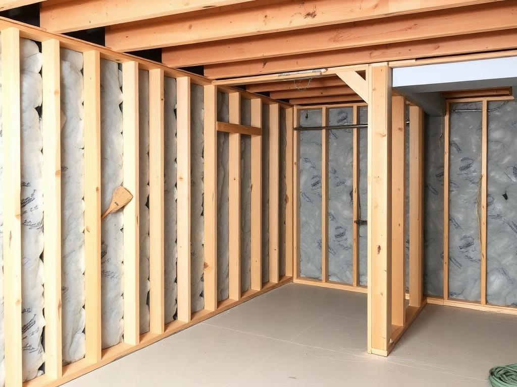 Basement renovation in progress with framed and insulated walls