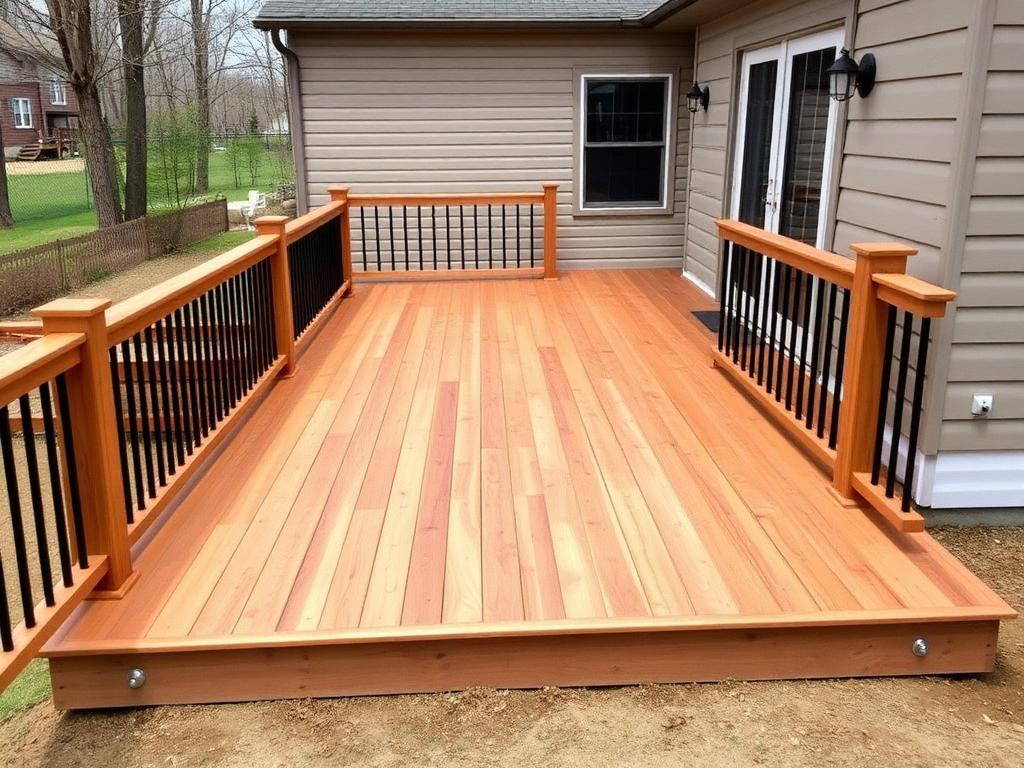 Newly built cedar deck with black metal railing spindles