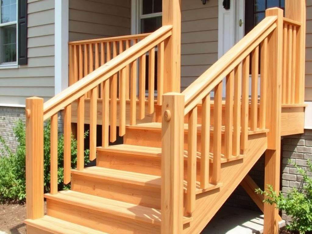 Exterior wooden staircase with sturdy railing at a home entrance