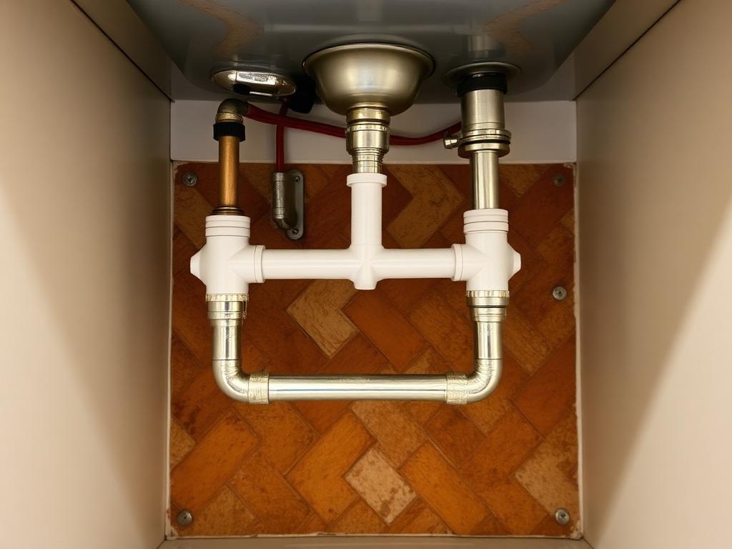 Neat under-sink plumbing installation with new pipes and valves
