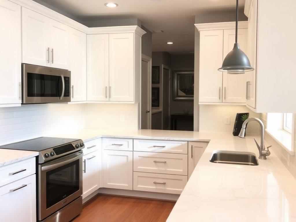 Renovated kitchen with white cabinets and quartz countertops